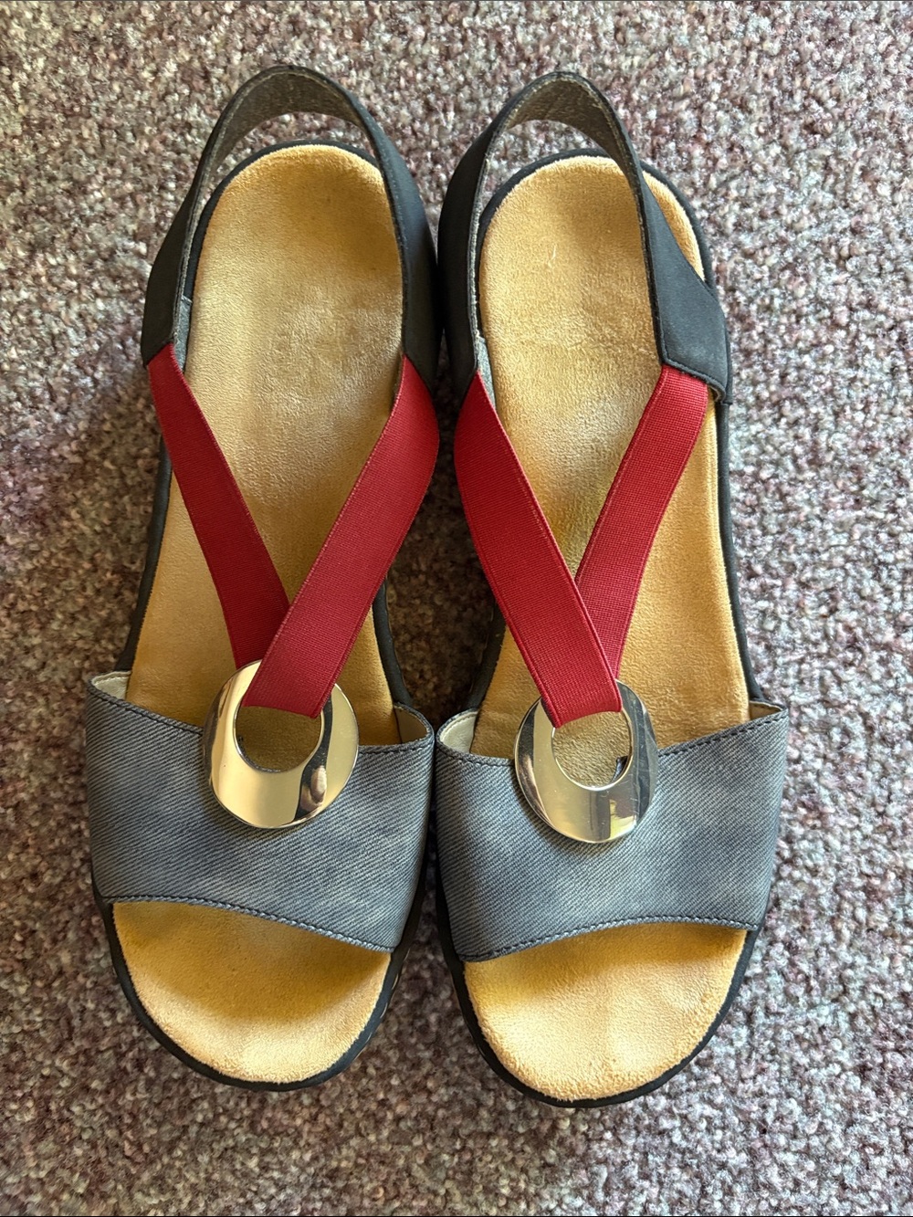 Rieker Red and Gray Slingback Sandals with Gold Accent